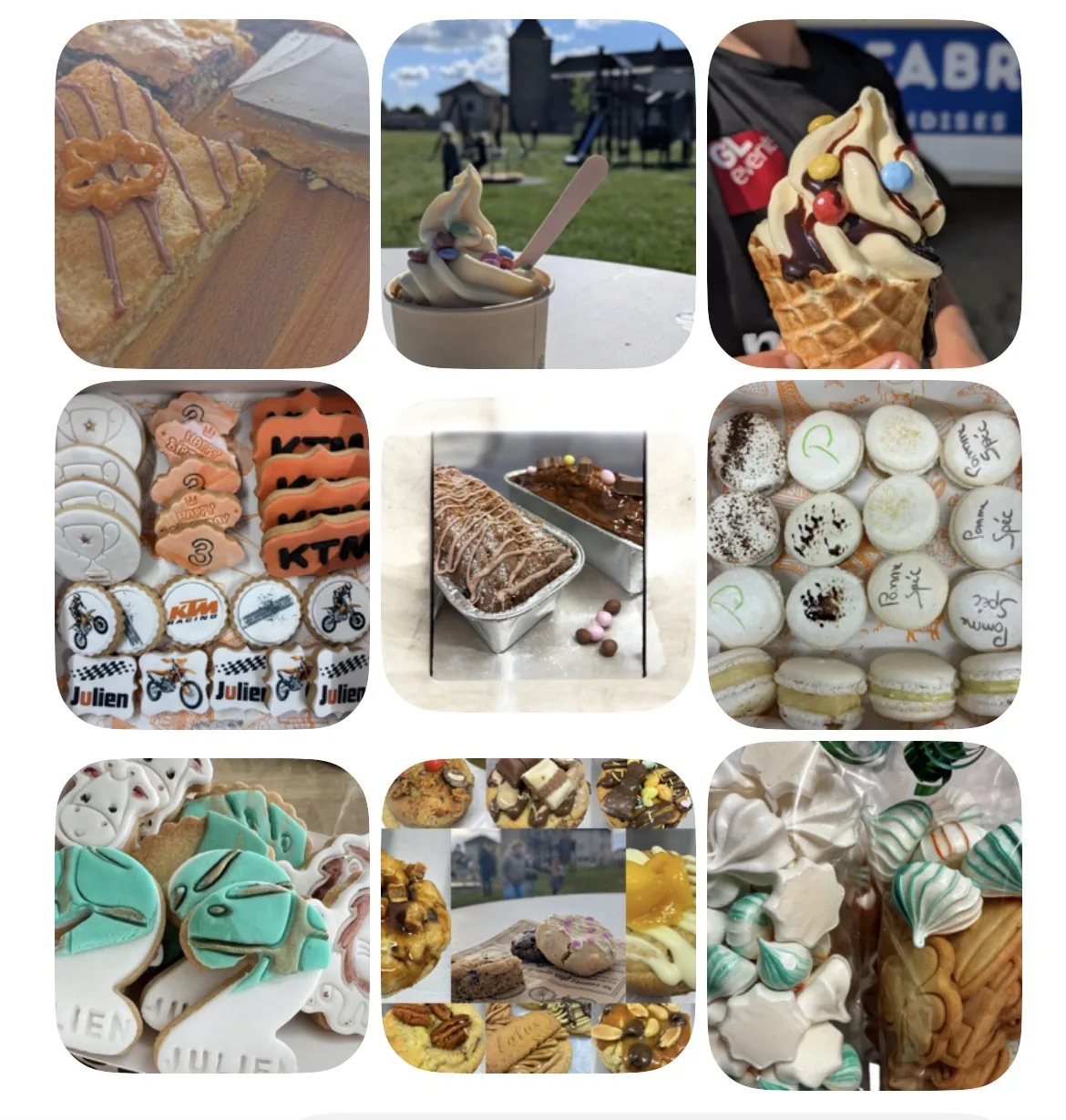 Assortiment de douceurs proposées au CoffeeTruck : glace italienne, cookies, macarons, cake marbré et meringues