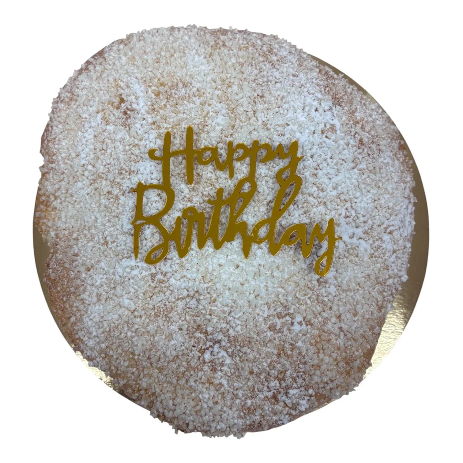 Gâteau rond saupoudré de sucre glace, topper doré « Happy Birthday »